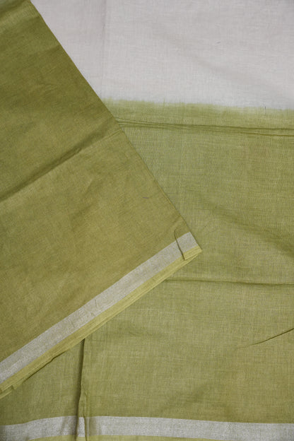 Hand Embroidery Pure Linen Saree With Tissue Border - Olive Green and White Ombre