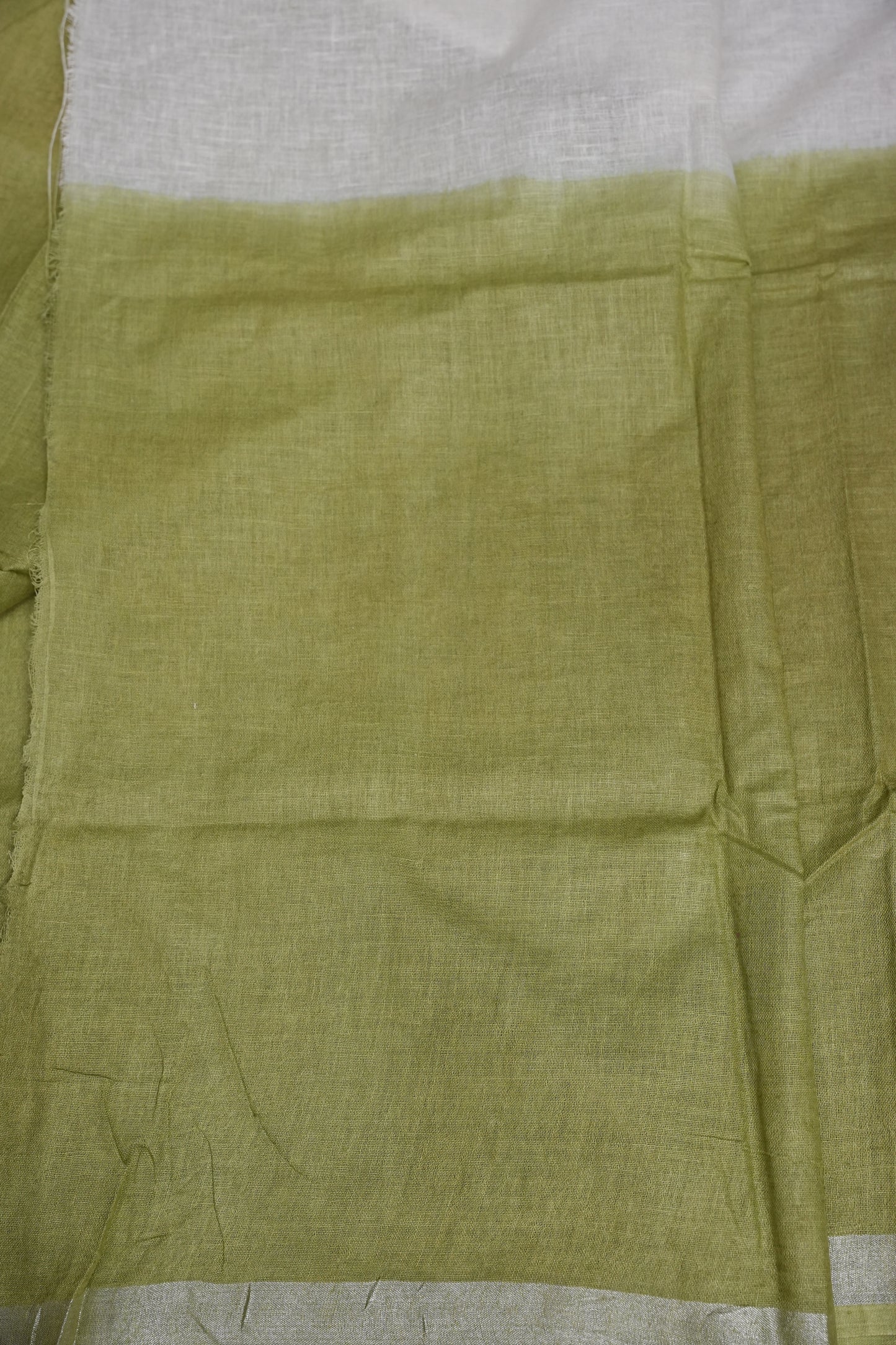 Hand Embroidery Pure Linen Saree With Tissue Border - Olive Green and White Ombre