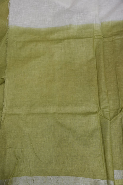 Hand Embroidery Pure Linen Saree With Tissue Border - Olive Green and White Ombre