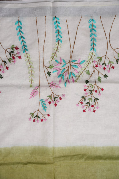 Hand Embroidery Pure Linen Saree With Tissue Border - Olive Green and White Ombre
