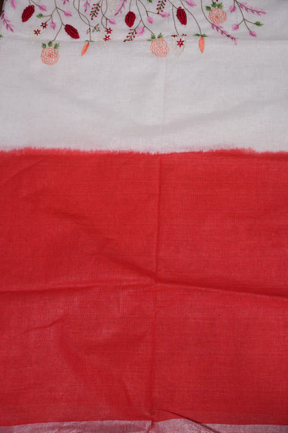 Hand Embroidery Pure Linen Saree With Tissue Border - Red and White Ombre