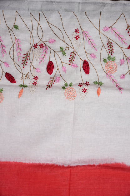 Hand Embroidery Pure Linen Saree With Tissue Border - Red and White Ombre