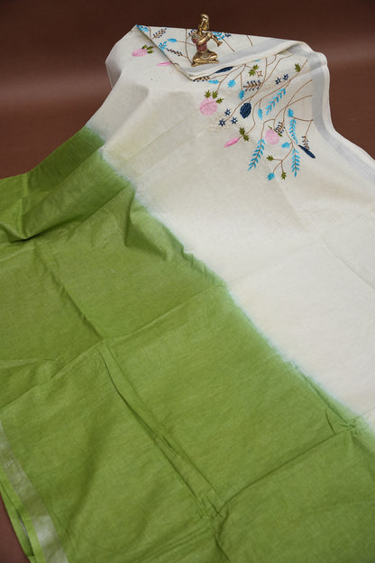 Hand Embroidery Pure Linen Saree With Tissue Border - Sage Green and White Ombre