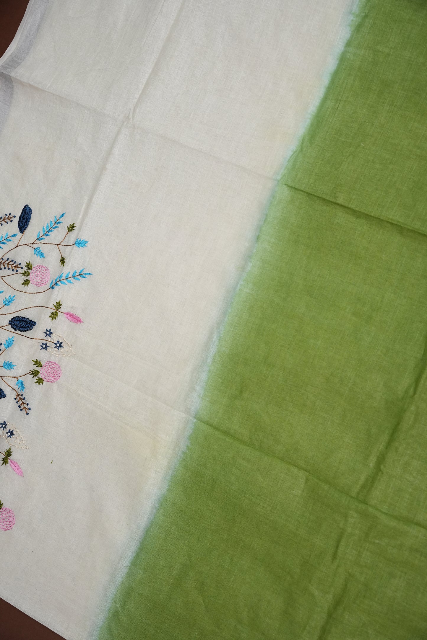 Hand Embroidery Pure Linen Saree With Tissue Border - Sage Green and White Ombre