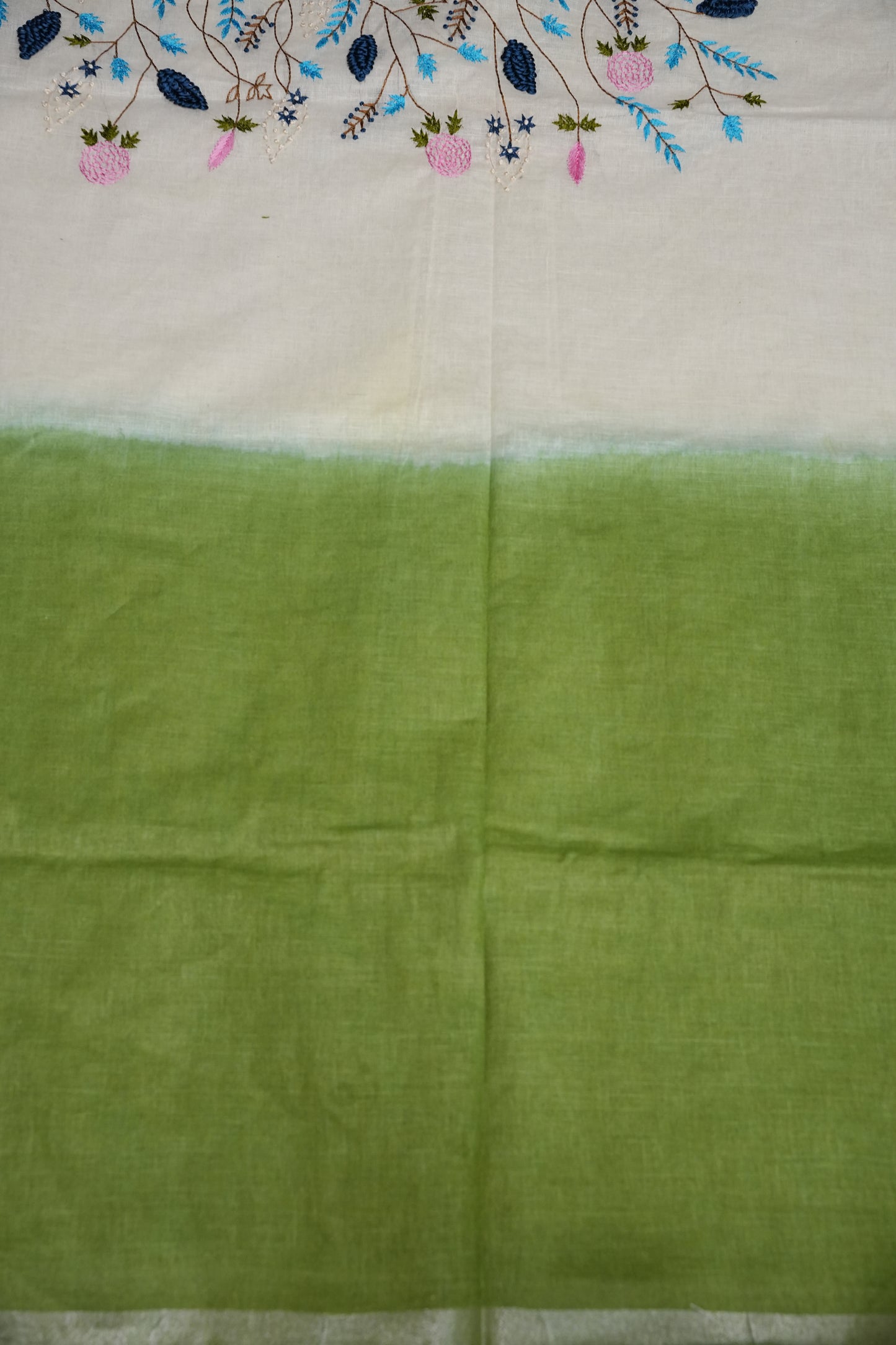 Hand Embroidery Pure Linen Saree With Tissue Border - Sage Green and White Ombre