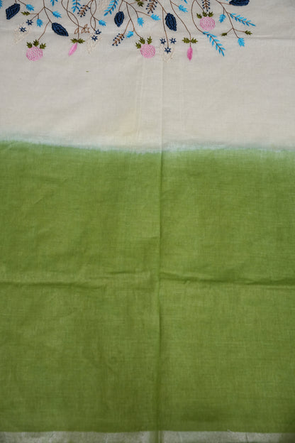 Hand Embroidery Pure Linen Saree With Tissue Border - Sage Green and White Ombre