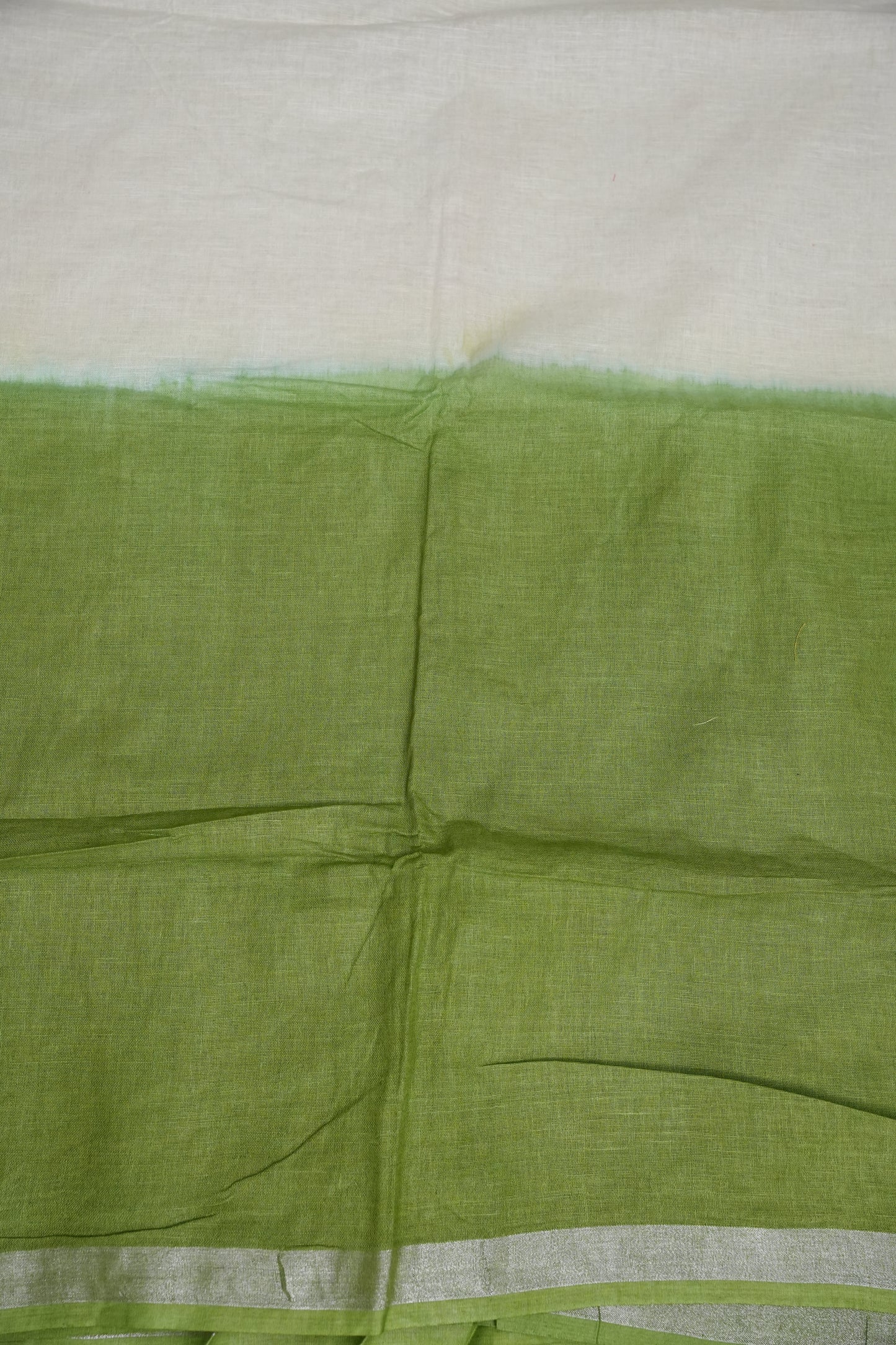 Hand Embroidery Pure Linen Saree With Tissue Border - Sage Green and White Ombre