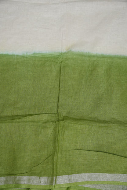Hand Embroidery Pure Linen Saree With Tissue Border - Sage Green and White Ombre