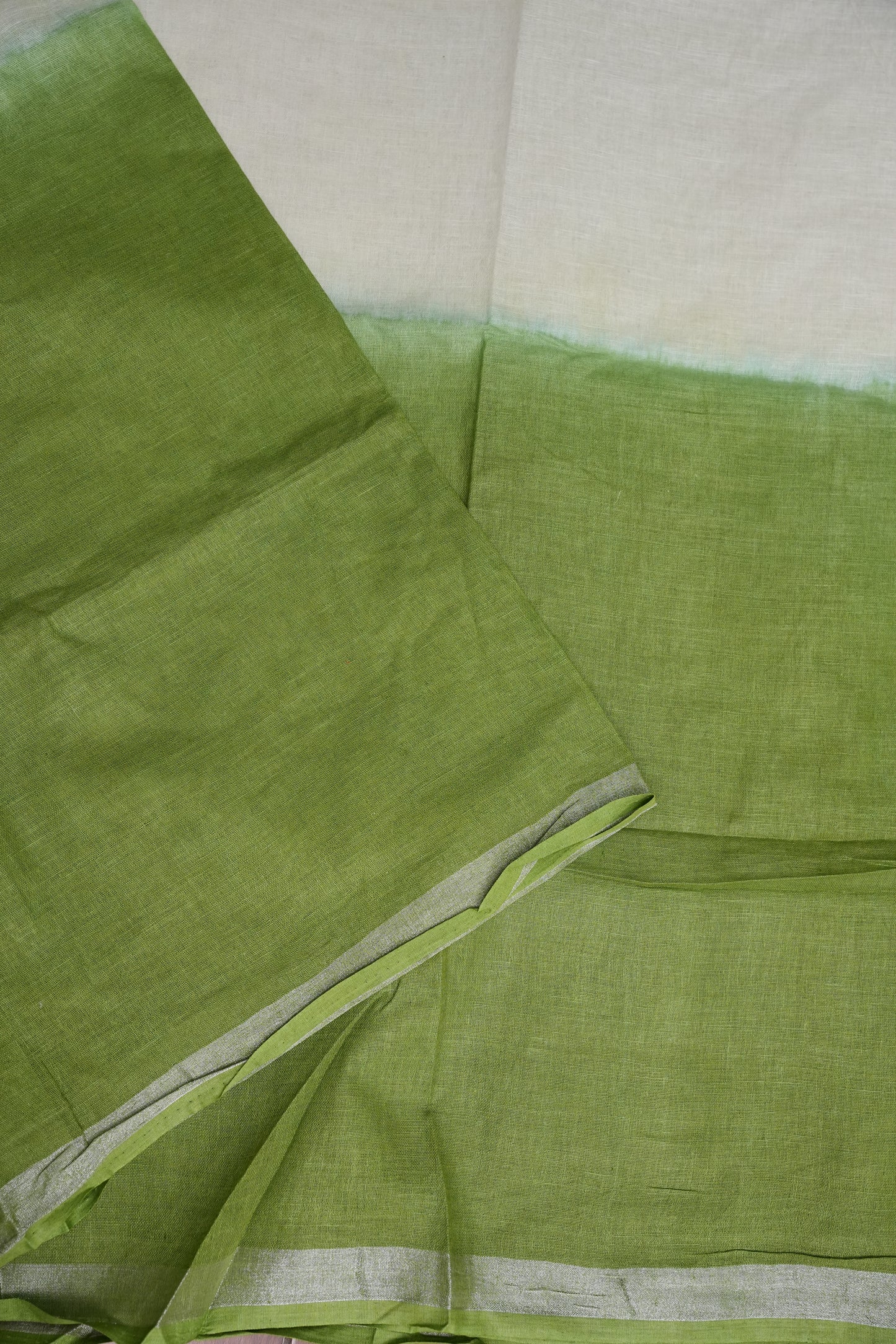 Hand Embroidery Pure Linen Saree With Tissue Border - Sage Green and White Ombre