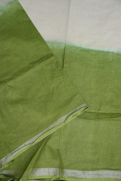 Hand Embroidery Pure Linen Saree With Tissue Border - Sage Green and White Ombre