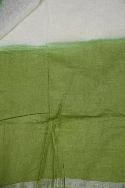 Hand Embroidery Pure Linen Saree With Tissue Border - Sage Green and White Ombre