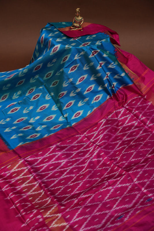 Pure Ikkat Soft Silk Saree - Turquoise Blue & Rani Pink