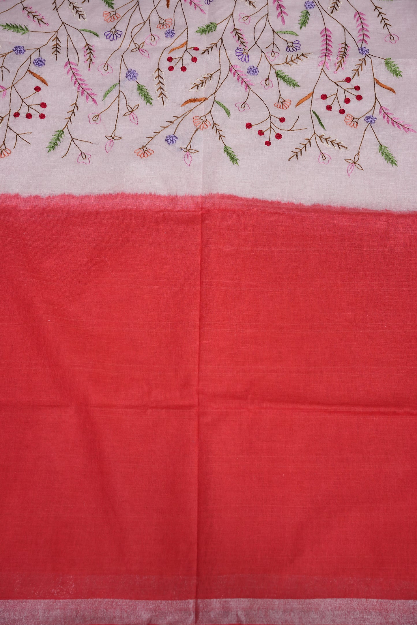 Hand Embroidery Pure Linen Saree with Tissue Border - Red & White Ombre