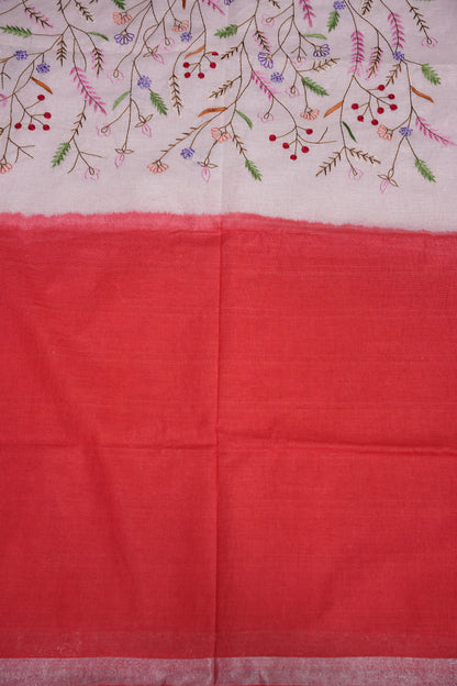 Hand Embroidery Pure Linen Saree with Tissue Border - Red & White Ombre