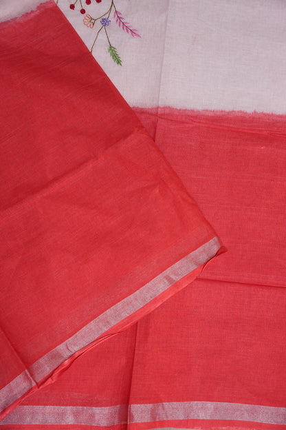 Hand Embroidery Pure Linen Saree with Tissue Border - Red & White Ombre