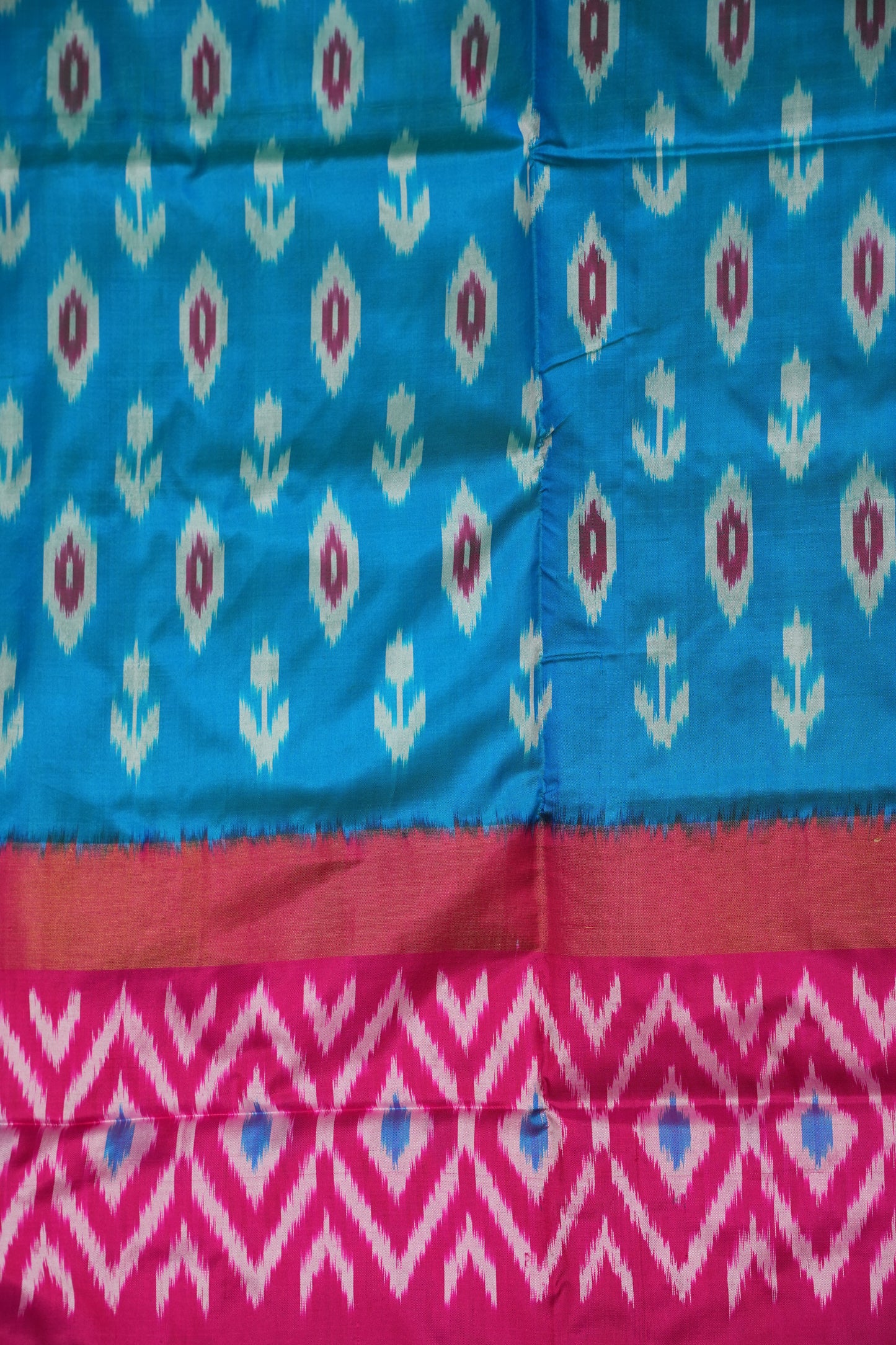 Pure Ikkat Soft Silk Saree - Turquoise Blue & Rani Pink