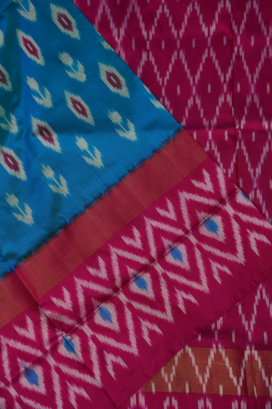 Pure Ikkat Soft Silk Saree - Turquoise Blue & Rani Pink