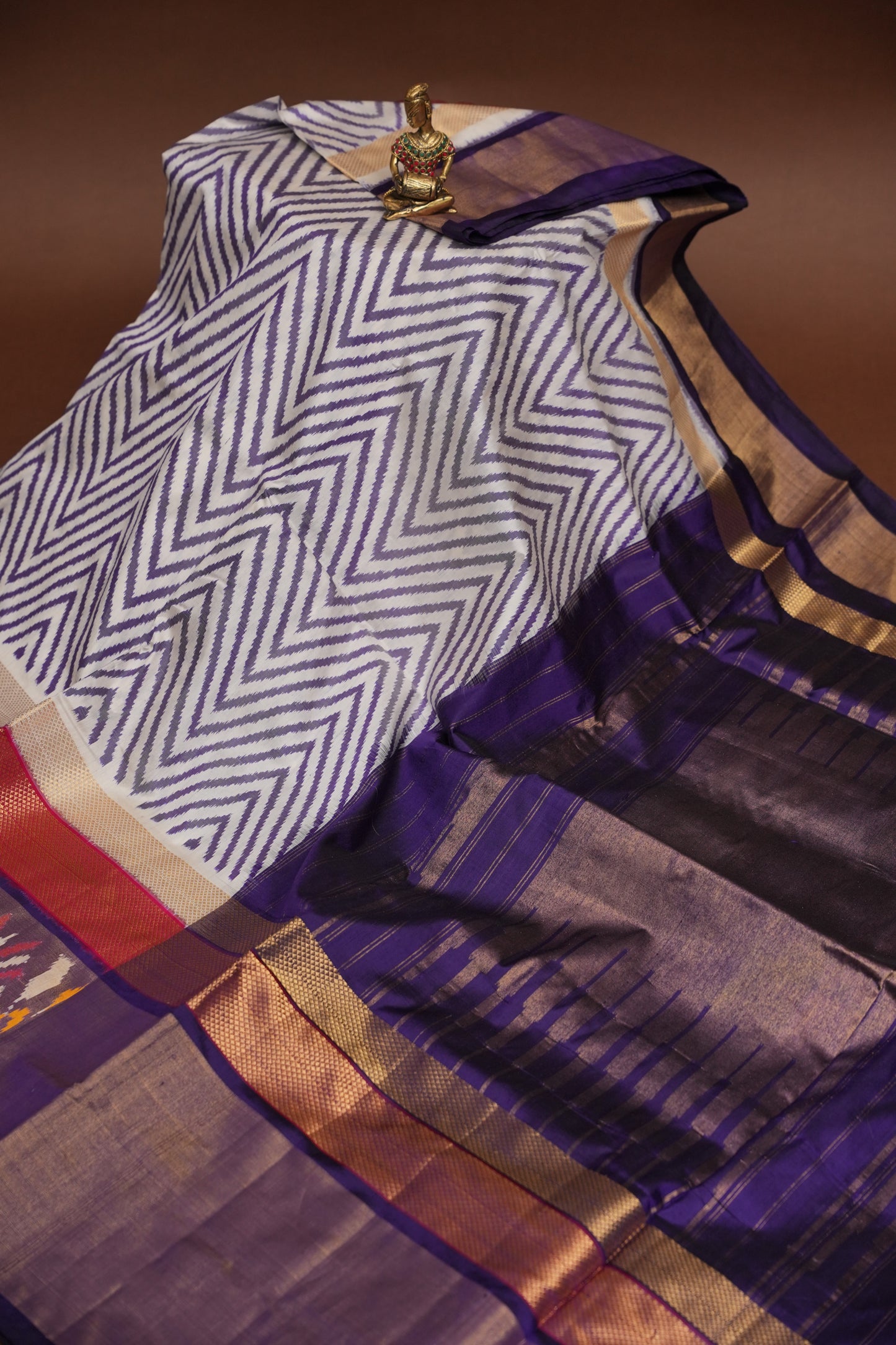 Pure Ikkat Soft Silk Saree - Ivory & Deep Purple