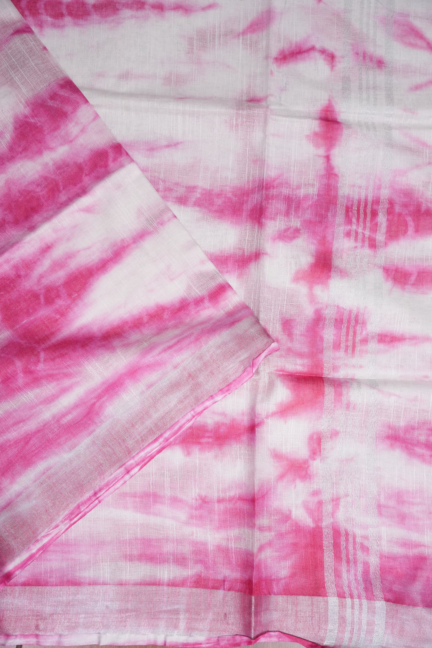 Pure Linen Shibori Print Saree - White & Pink