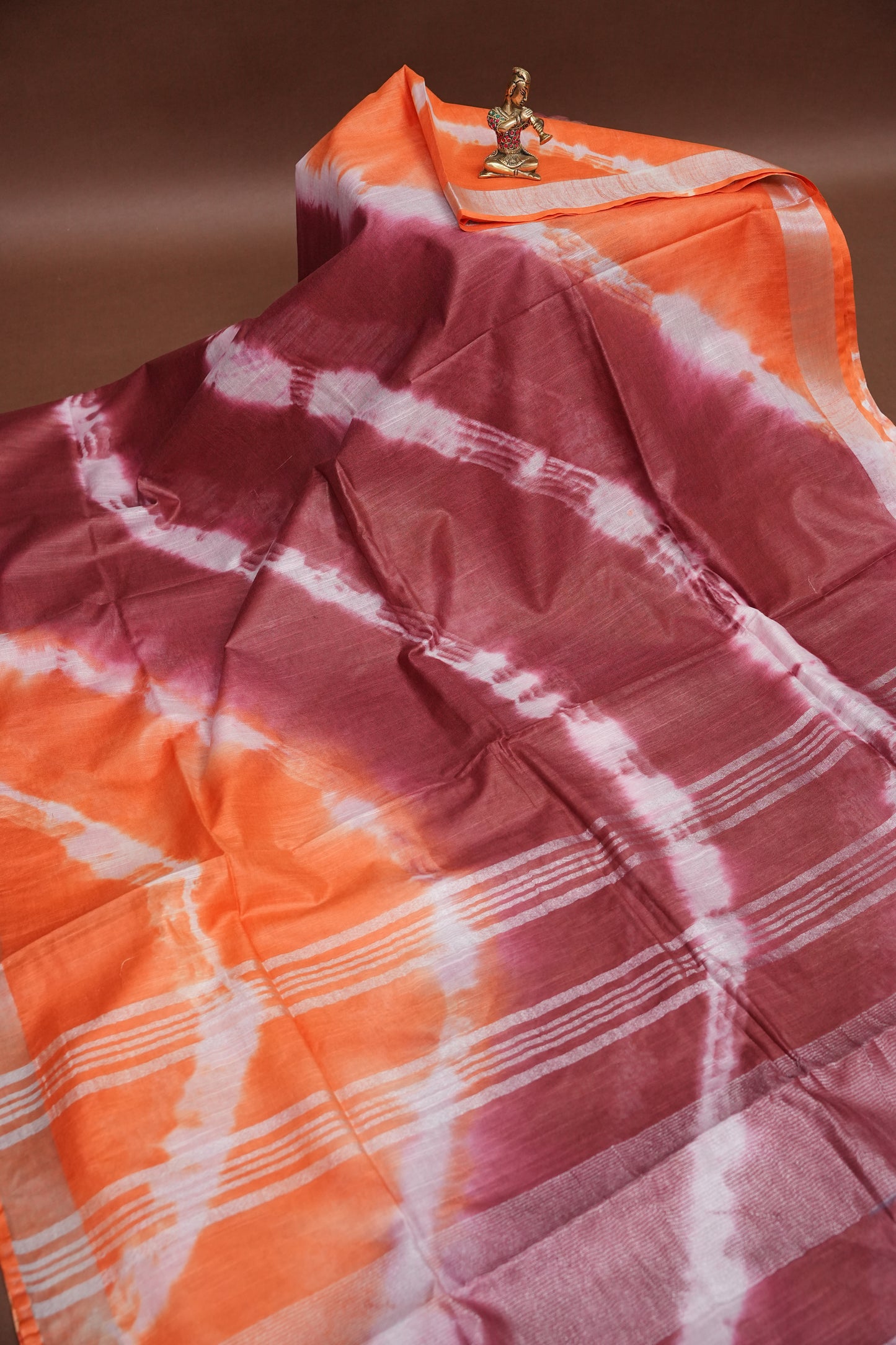 Pure Linen Shibori Print Saree - Orange & Maroon