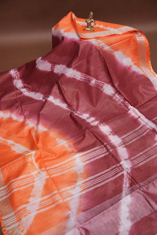 Pure Linen Shibori Print Saree - Orange & Maroon