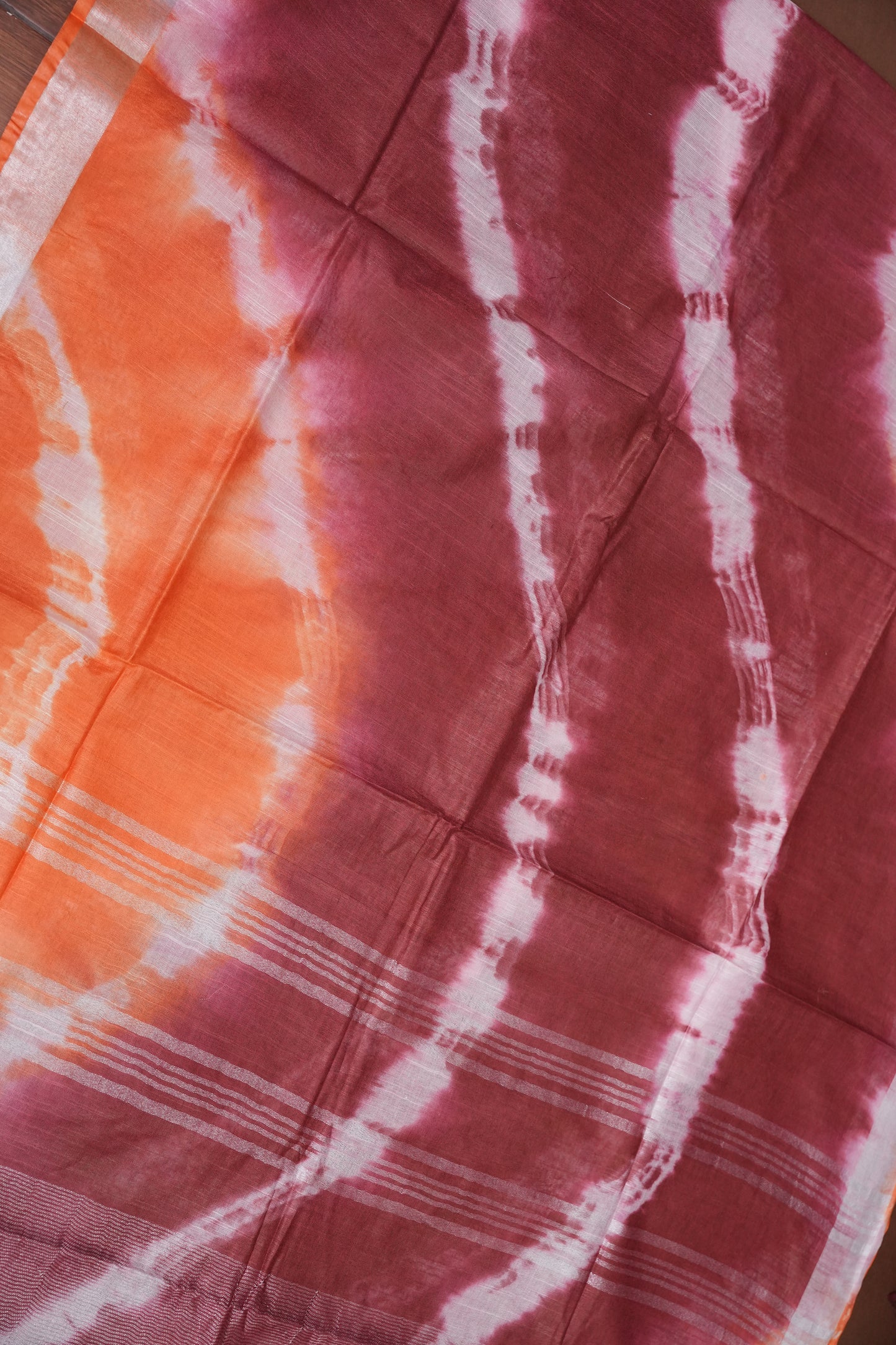 Pure Linen Shibori Print Saree - Orange & Maroon