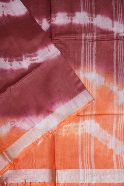 Pure Linen Shibori Print Saree - Orange & Maroon