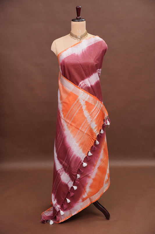 Pure Linen Shibori Print Saree - Orange & Maroon