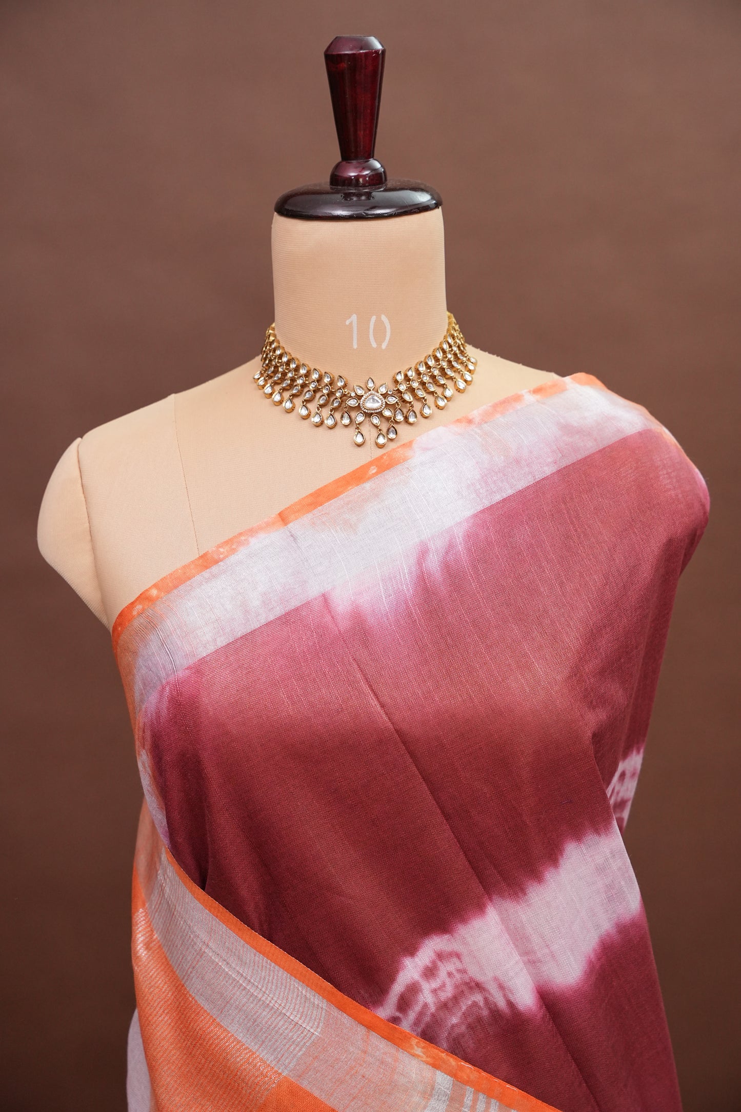 Pure Linen Shibori Print Saree - Orange & Maroon