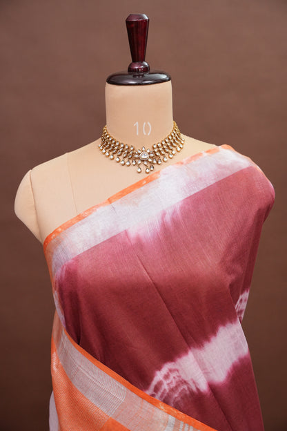 Pure Linen Shibori Print Saree - Orange & Maroon