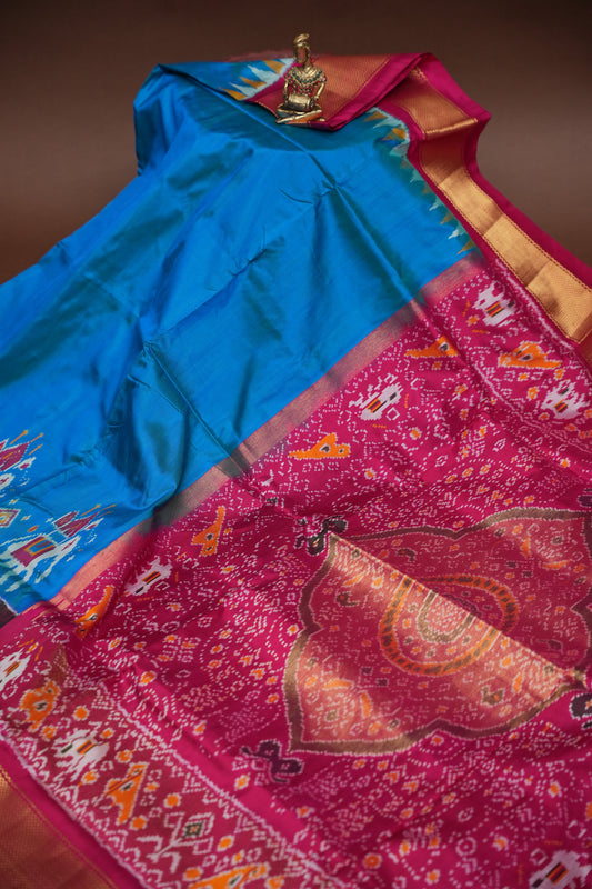Pure Ikkat Soft Silk Saree - Teal Blue & Rani Pink