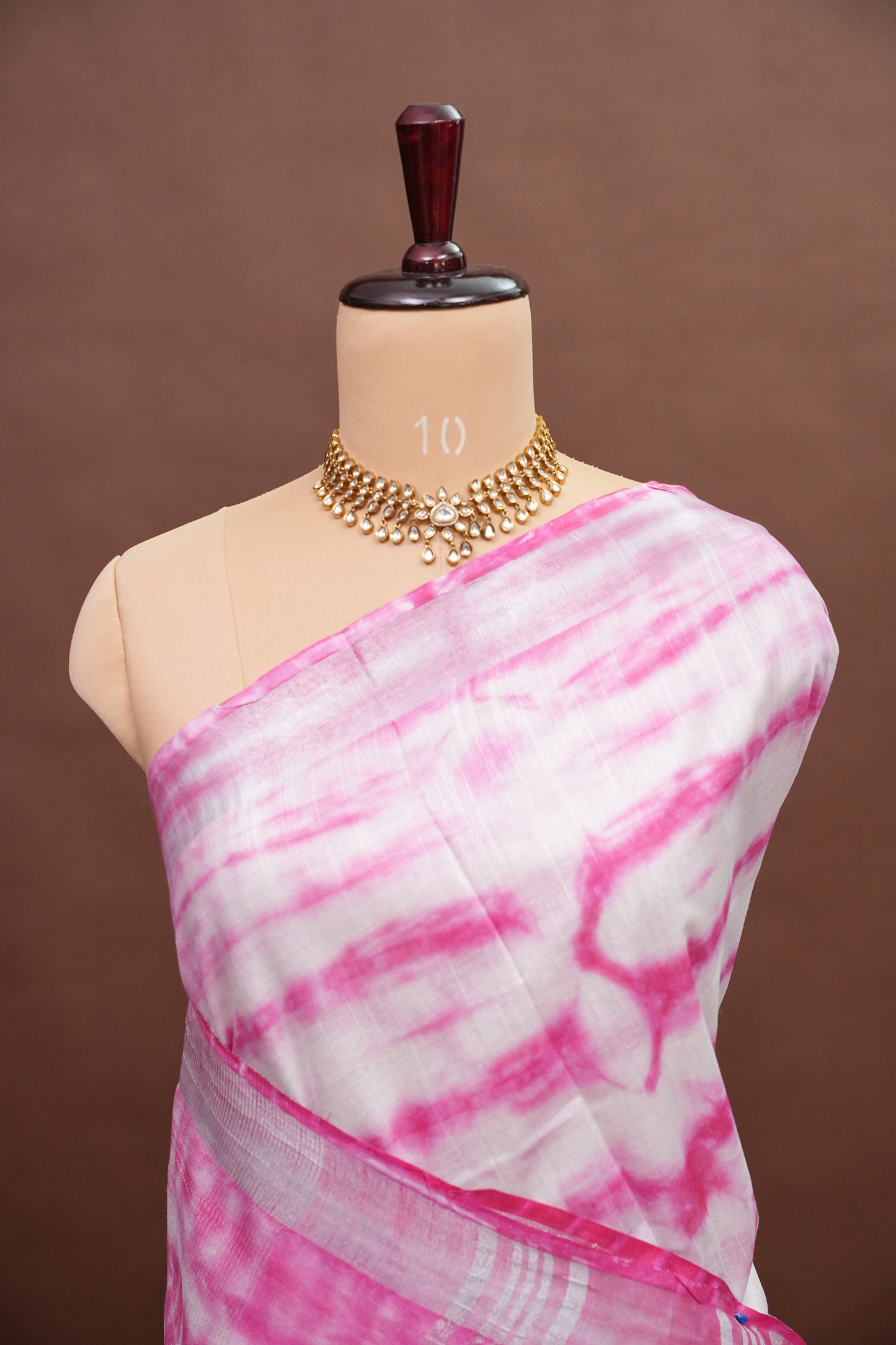 Pure Linen Shibori Print Saree - White & Pink