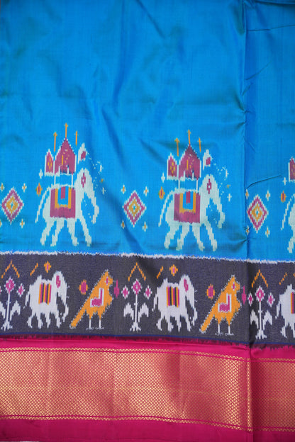 Pure Ikkat Soft Silk Saree - Teal Blue & Rani Pink