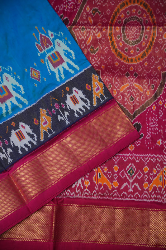 Pure Ikkat Soft Silk Saree - Teal Blue & Rani Pink