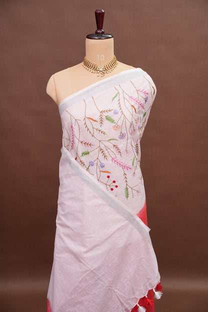 Hand Embroidery Pure Linen Saree with Tissue Border - Red & White Ombre
