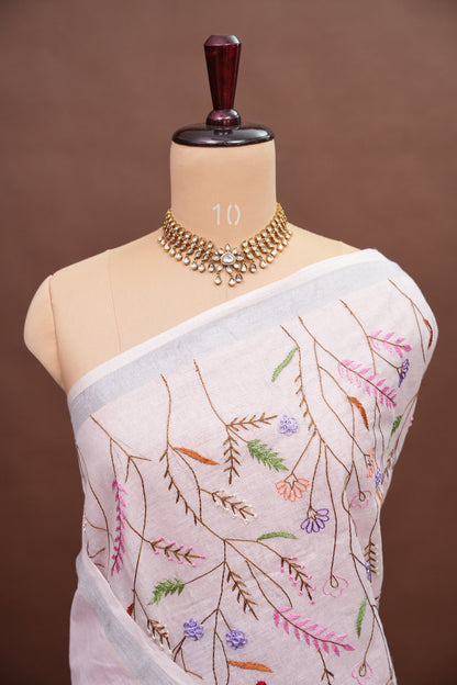 Hand Embroidery Pure Linen Saree with Tissue Border - Red & White Ombre