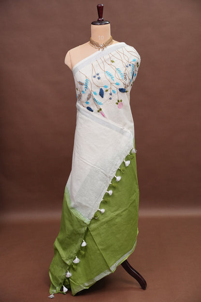 Hand Embroidery Pure Linen Saree With Tissue Border - Sage Green and White Ombre