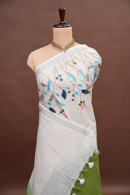 Hand Embroidery Pure Linen Saree With Tissue Border - Sage Green and White Ombre