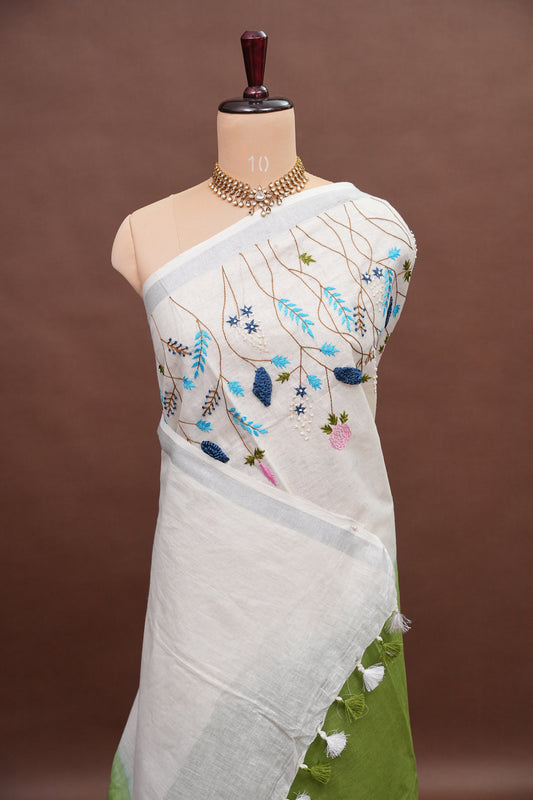 Hand Embroidery Pure Linen Saree With Tissue Border - Sage Green and White Ombre