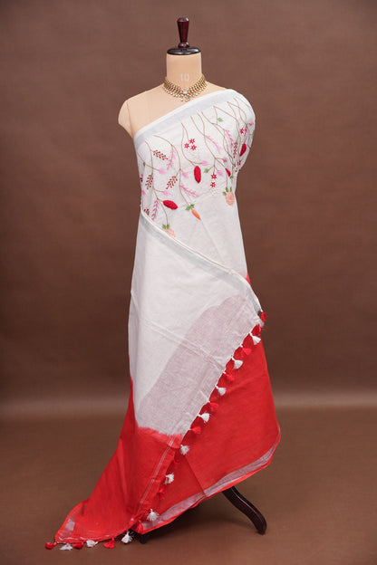 Hand Embroidery Pure Linen Saree With Tissue Border - Red and White Ombre