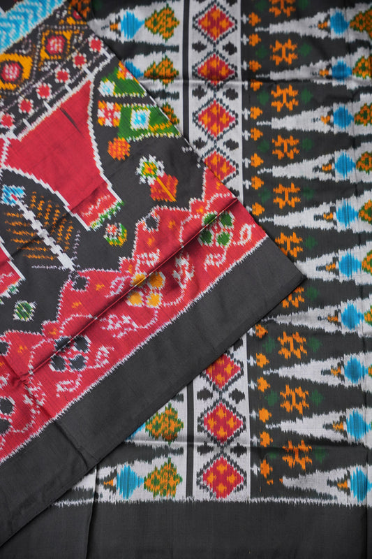 Pure Ikkat Soft Silk Saree - Black with Multicolour