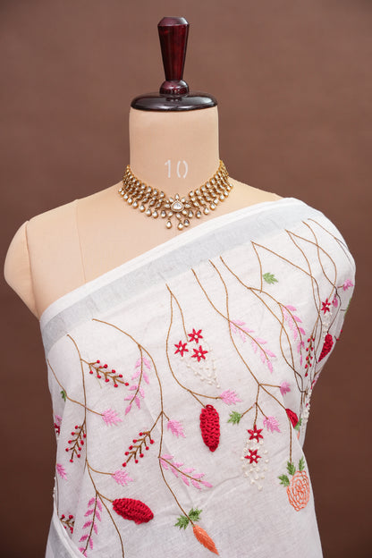 Hand Embroidery Pure Linen Saree With Tissue Border - Red and White Ombre
