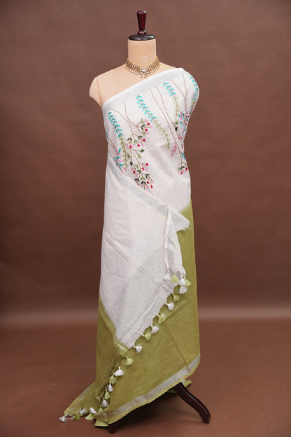 Hand Embroidery Pure Linen Saree With Tissue Border - Olive Green and White Ombre