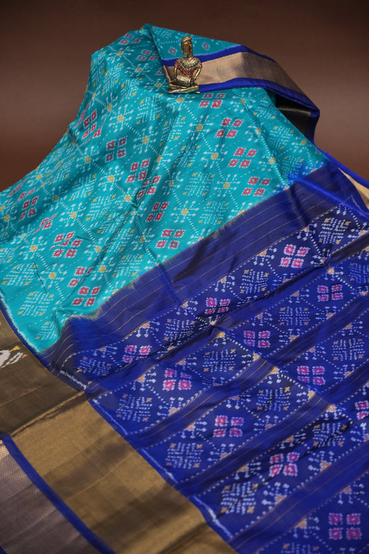 Pure Ikkat Soft Silk Saree - Teal Blue & Royal Blue