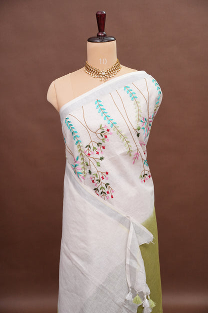 Hand Embroidery Pure Linen Saree With Tissue Border - Olive Green and White Ombre