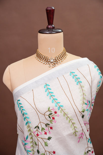 Hand Embroidery Pure Linen Saree With Tissue Border - Olive Green and White Ombre