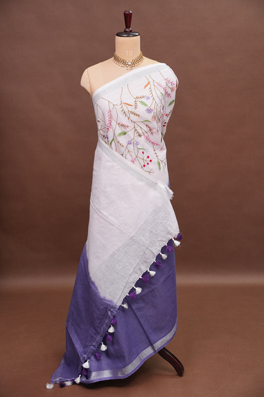 Hand Embroidery Pure Linen Saree With Tissue Border - Navy Blue and White Ombre
