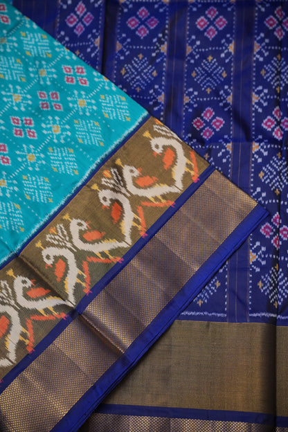 Pure Ikkat Soft Silk Saree - Teal Blue & Royal Blue