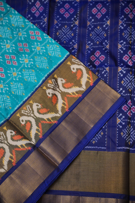 Pure Ikkat Soft Silk Saree - Teal Blue & Royal Blue