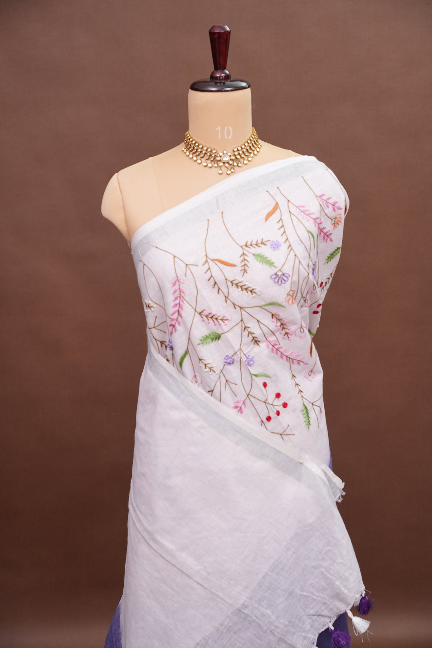 Hand Embroidery Pure Linen Saree With Tissue Border - Navy Blue and White Ombre
